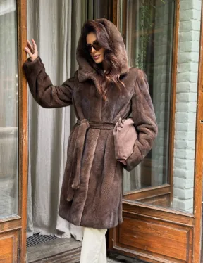 Норковая шуба с капюшоном - цвет орех - фото 9