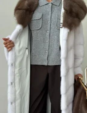 Белая норковая шуба с куницей капюшон - фото 1