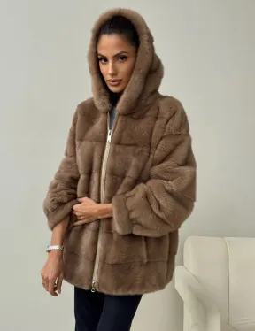 Бежевая норковая куртка с капюшоном - фото 3
