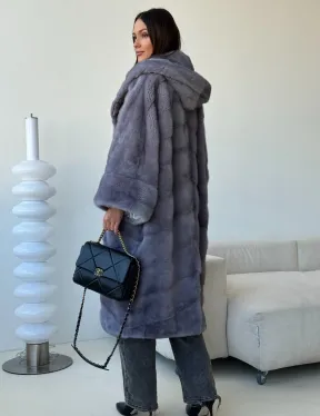 Голубая норковая шуба с капюшоном oversize - фото 6