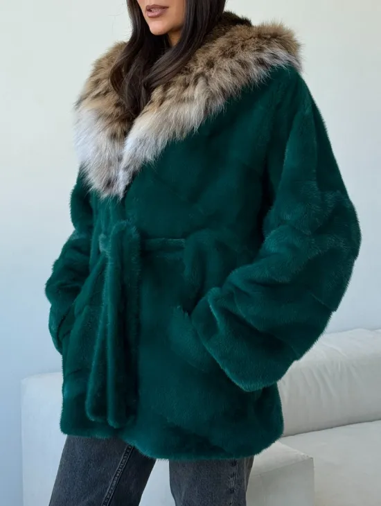 Норковая шуба с капюшоном из рыси - фото 1