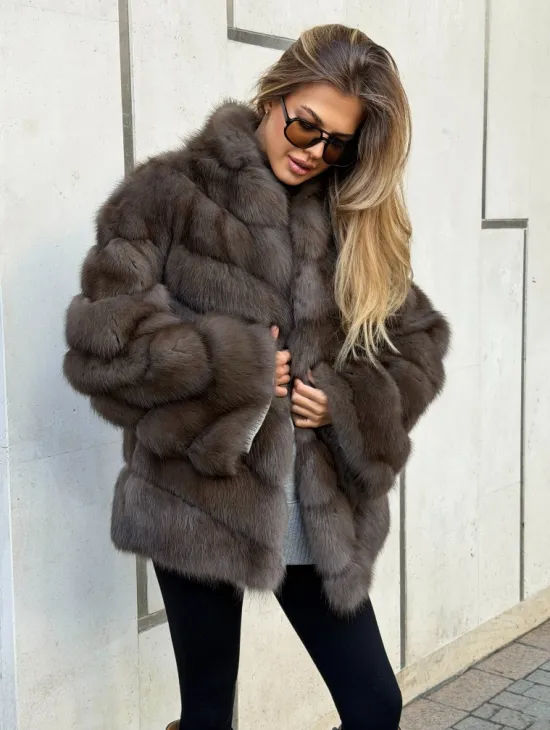 Шуба из куницы в цвете соболь - рукава косичкой - фото 4