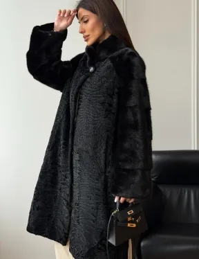 Шуба из каракуля с норкой - стойка воротник - фото 5