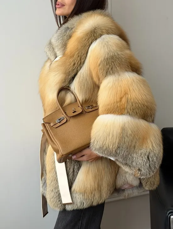 Шуба - пончо из лисы с поясом - фото 4