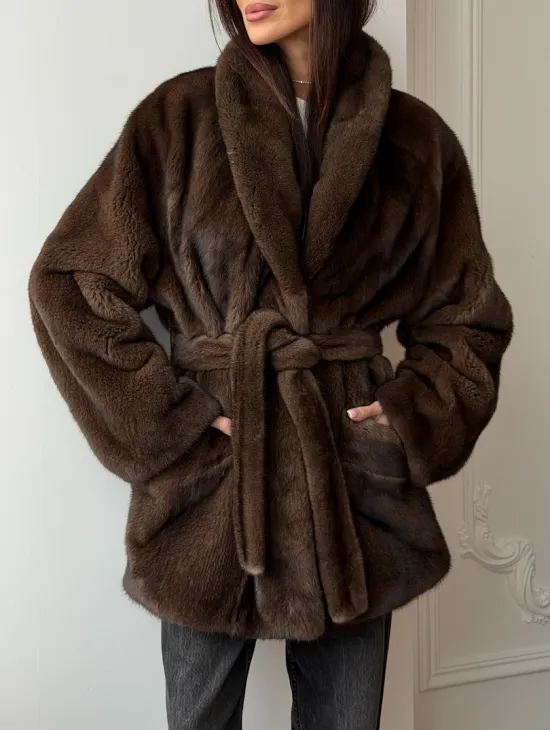 Коричневая норковая шуба под пояс - воротник шаль - фото 3