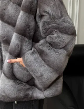 Норковый полушубок с капюшоном - цвет Platinum - фото 2