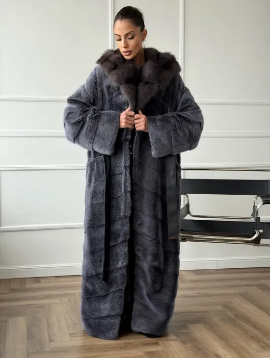 Длинная норковая шуба в пол с капюшоном куница - фото 6