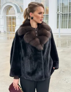 Черный норковый жакет с воротником куницы - фото 10