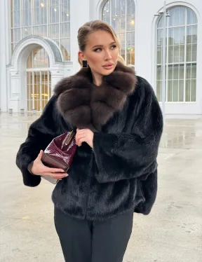 Черный норковый жакет с воротником куницы - фото 15