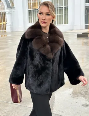 Черный норковый жакет с воротником куницы - фото 9