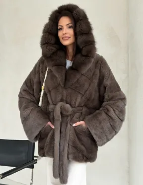 Меховой норковый полушубок с капюшоном куница - фото 0