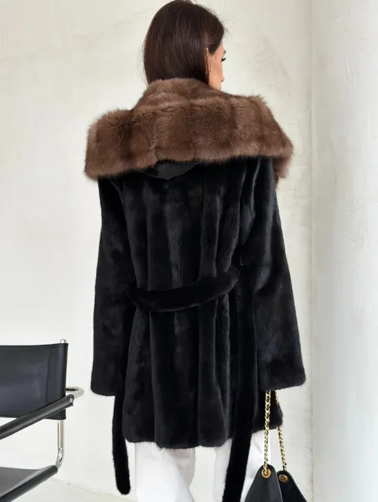 Черная шуба в роспуск с капюшоном соболь - фото 8