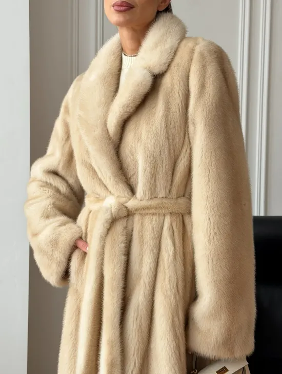 Длинная норковая шуба в натуральном цвете пастель - фото 2