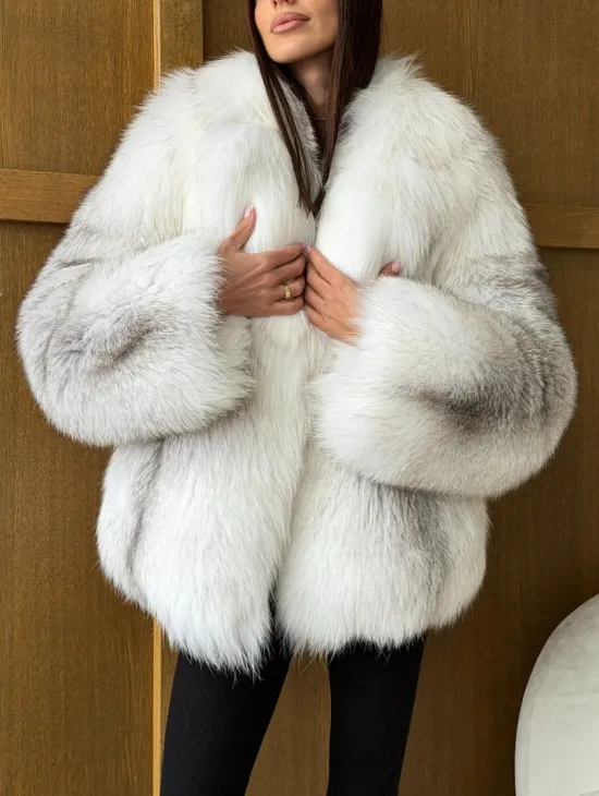Белый полушубок из крестовой лисы - английский воротник - фото 3