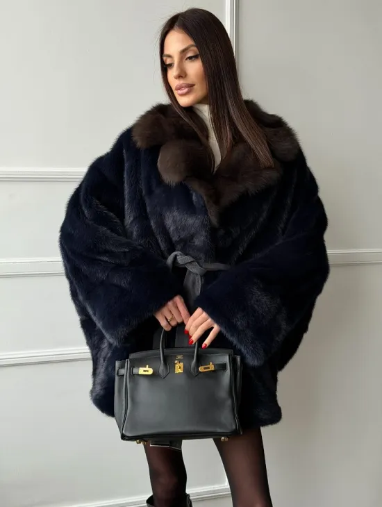 Норковый полушубок летучая мышь с воротником куницы  Dark Blue - фото 0