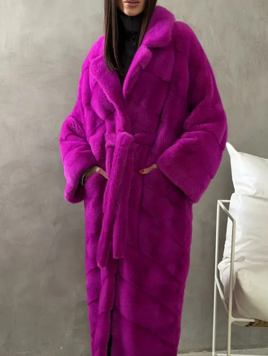 Длинная норковая шуба - цвет фуксия - фото 3