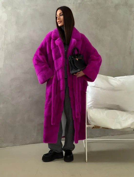 Длинная норковая шуба - цвет фуксия - фото 11