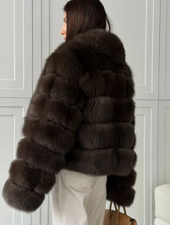 Полушубок-кроп из песца с шалевым воротником - фото 4