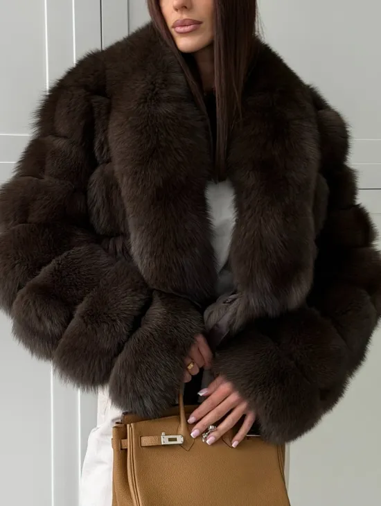 Полушубок-кроп из песца с шалевым воротником - фото 1