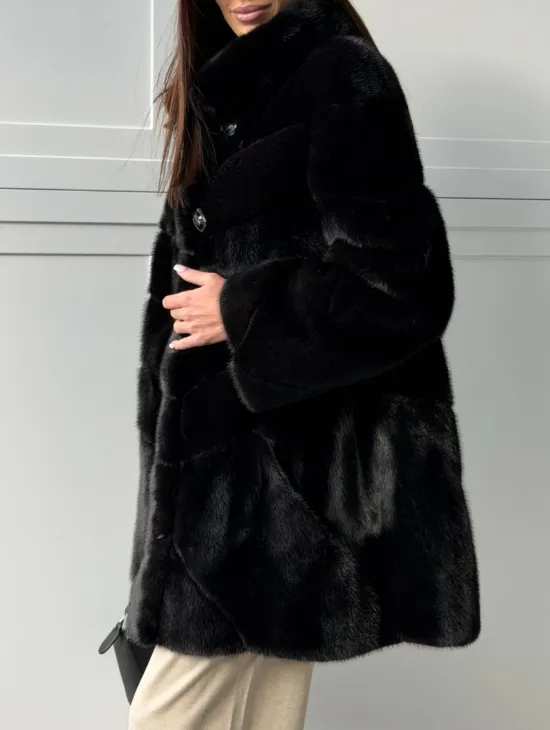 Черная норковая шуба - стойка воротник - фото 1