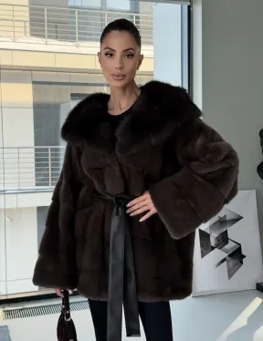 Норковая шуба кимоно с капюшоном куница - фото 15