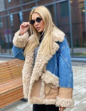 Куртка джинсовая с отделкой из натуральной овчины - фото 0