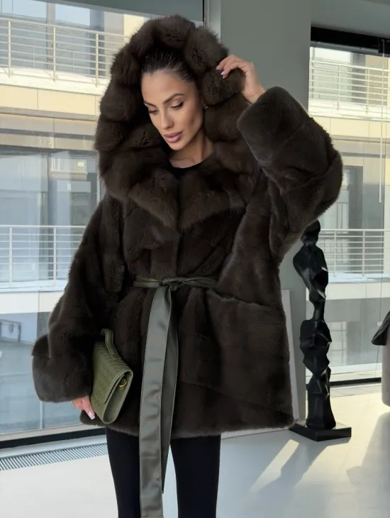 Норковое пончо шуба с капюшоном из меха куницы dark olive - фото 7