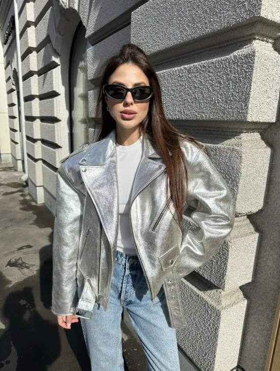 Куртка - косуха из натуральной кожи цвет серебристый - фото 3