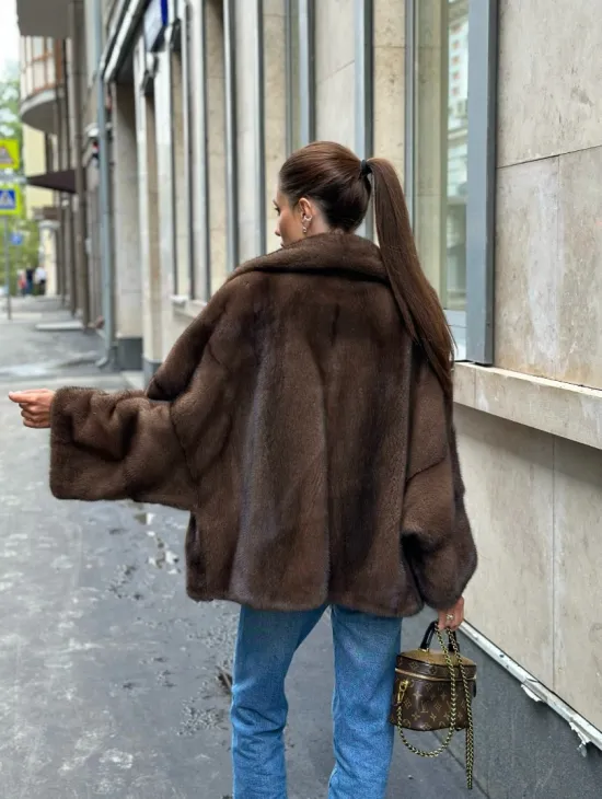 Норковый полушубок с английским воротником - цвет орех - фото 17