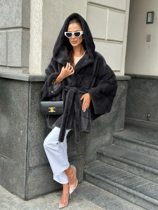Норковая шуба с капюшоном цвет графит - фото 1