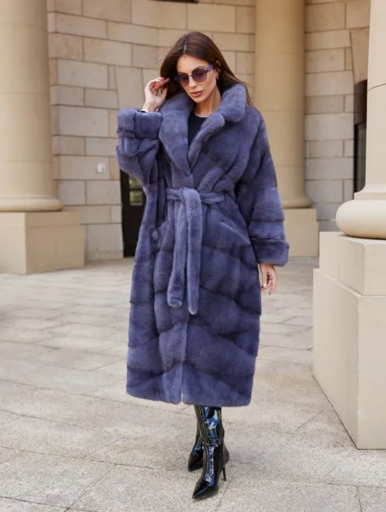 Шуба с поясом из аукционной норки цвет сапфир - фото 1