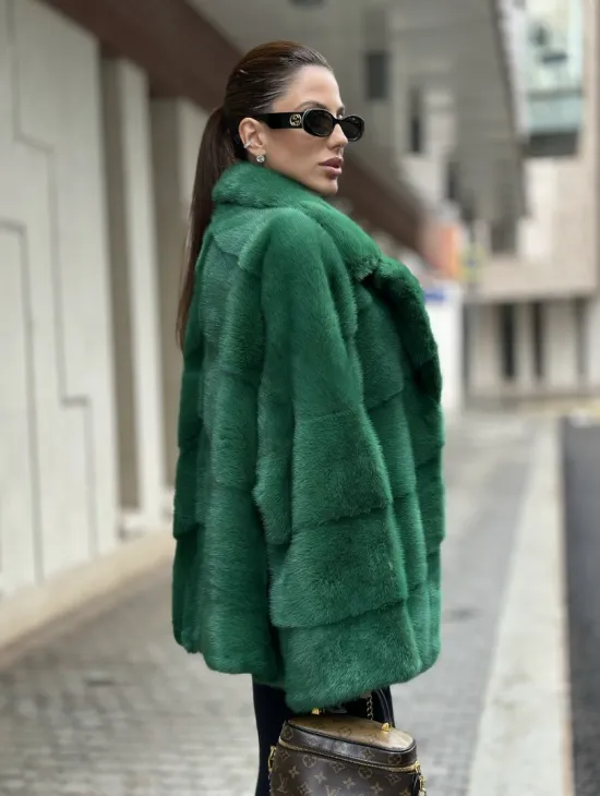 Куртка из норки с английским воротником - цвет изумруд - фото 2