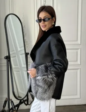 Дубленка с мехом чернобурки - цвет черный - фото 5