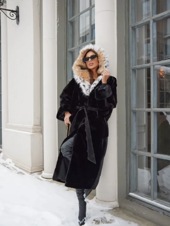 Норковая шуба с капюшоном из рыси цвет черный бриллиант - фото 3