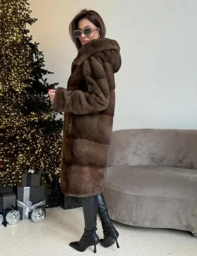 Норковая шуба с капюшоном в цвете орех - фото 5