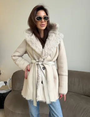 Двусторонняя дублёнка - шуба, мех тиградо английский воротник - фото 2