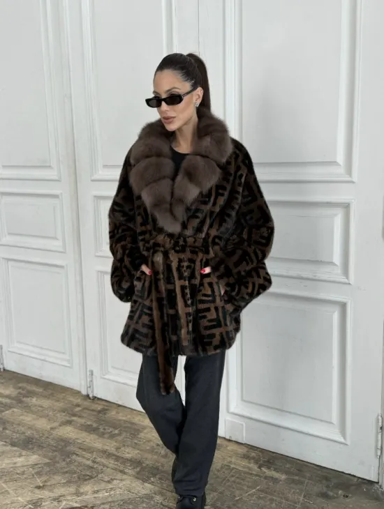 Норка летучая мышь воротник из меха куницы, принт - цвет соболь - фото 7