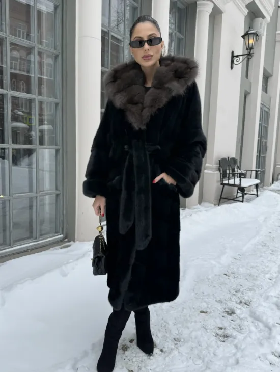 Шуба - кимоно мех аукционная норка с капюшоном куница - цвет черный изумруд - фото 0