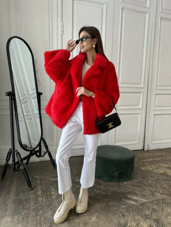 Красный норковый полушубок английский воротник роспуск - фото 6