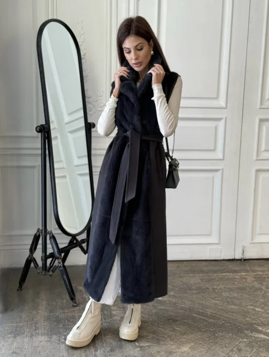 Пальто из кашемира с отделкой из меха норки - фото 3