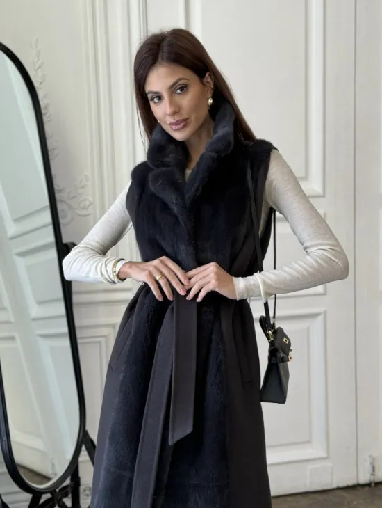 Пальто из кашемира с отделкой из меха норки - фото 2
